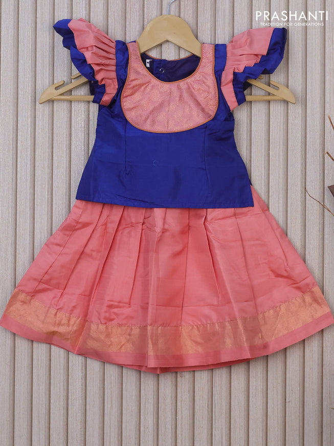 Silk kids lehenga dark blue and peach shade with patch work neck pattern and zari woven border for 0-6 months