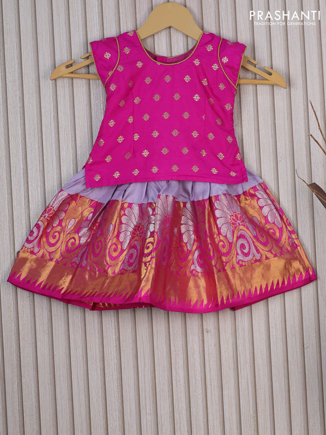 Silk kids lehenga pink and pastel grey with allover zari woven buttas and long zari woven border for 0-6 months