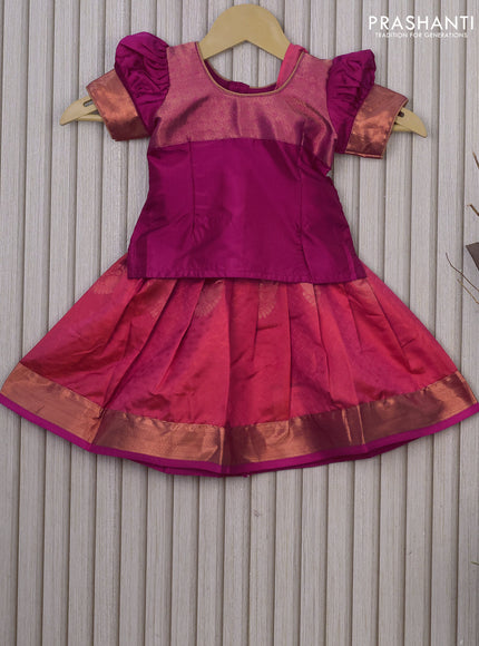 Silk kids lehenga pink and dual shade of pinkish orange with patch work neck pattern and self emboss & copper zari border for 0-6 months