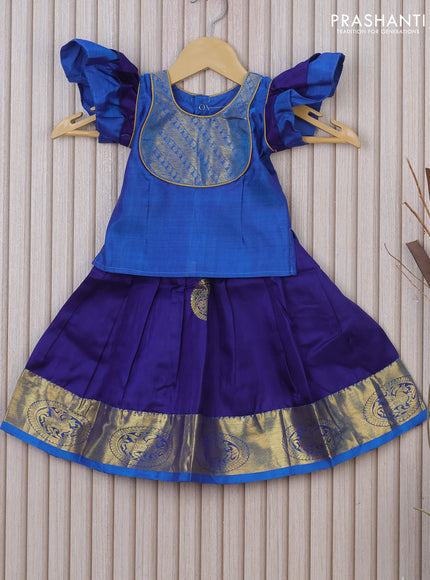 Silk kids lehenga cs blue and dark blue with patch work neck pattern and zari buttas & zari border for 0-6 months