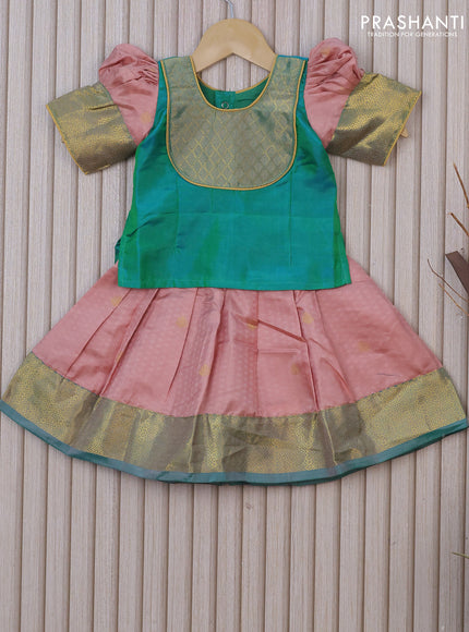 Silk kids lehenga dual shade of teal green and pastel peach with patch work neck pattern and self emboss & zari border for 0-6 months