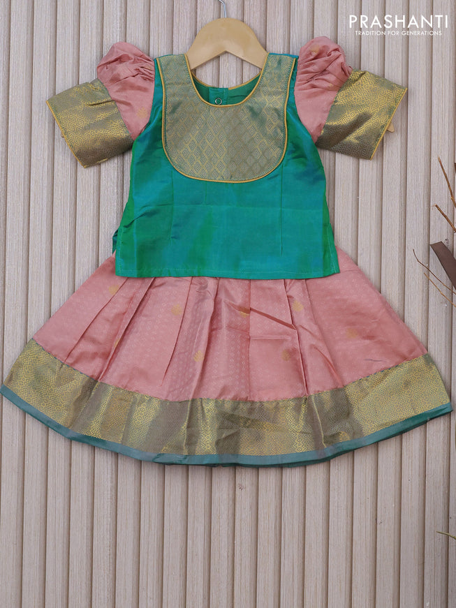 Silk kids lehenga dual shade of teal green and pastel peach with patch work neck pattern and self emboss & zari border for 0-6 months