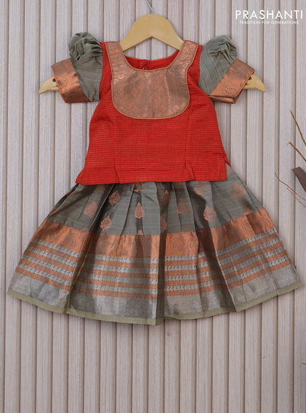 Silk kids lehenga red and grey shade with allover small checked pattern and zari buttas & zari border for 0-6 months