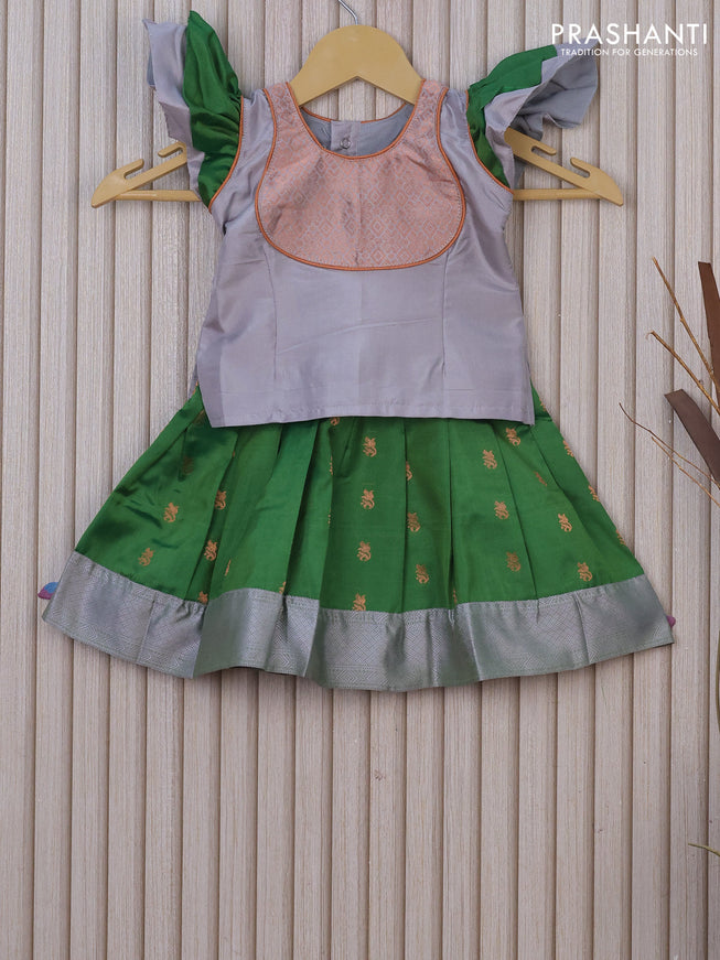 Silk kids lehenga grey and green with patch work neck pattern and woven border for 0-6 months