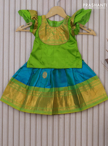 Silk kids lehenga light green and cs blue with patch work neck pattern and zari woven border for 0-6 months