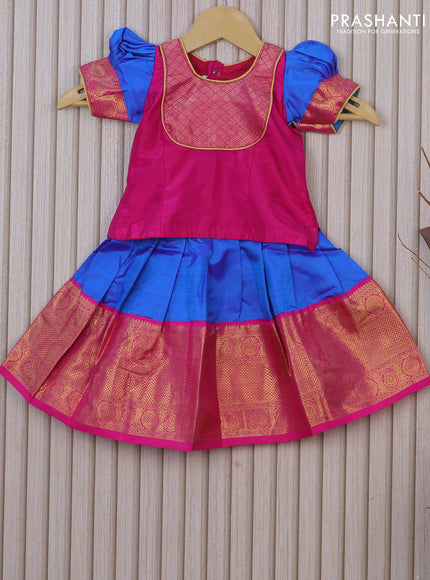 Silk kids lehenga pink and cs blue with patch work neck pattern and zari woven border for 0-6 months