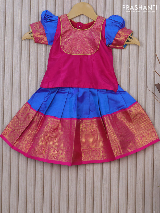 Silk kids lehenga pink and cs blue with patch work neck pattern and zari woven border for 0-6 months