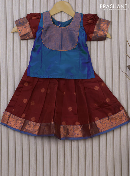 Silk kids lehenga dual shade of bluish green and maroon with patch work neck pattern and zari buttas & zari border for 0-6 months