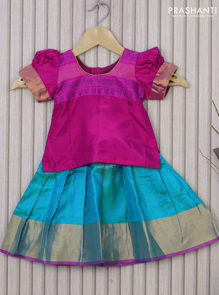 Silk kids lehenga pink and teal blue with patch work neck pattern and zari woven border for 0-6 months