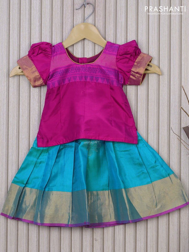 Silk kids lehenga pink and teal blue with patch work neck pattern and zari woven border for 0-6 months