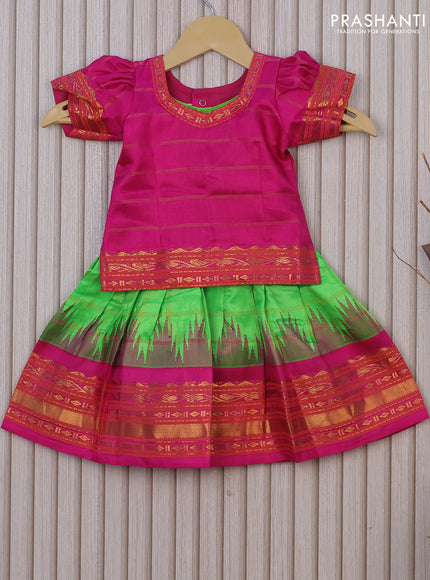 Silk kids lehenga pink and fluorescent green with zari checked pattern and temple design zari border for 0-6 months