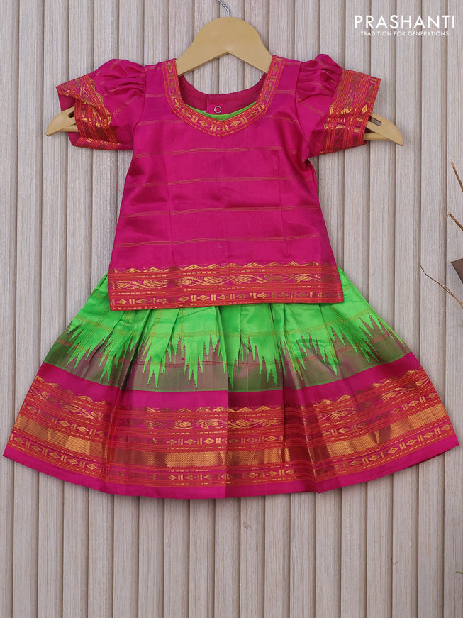 Silk kids lehenga pink and fluorescent green with zari checked pattern and temple design zari border for 0-6 months