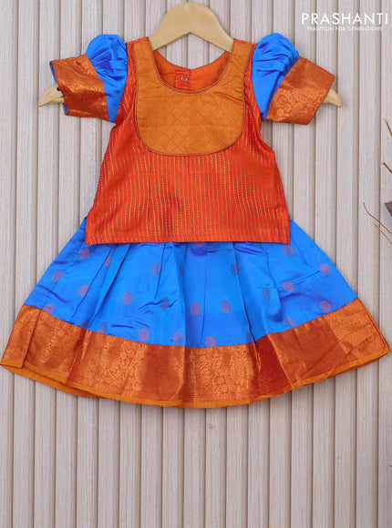 Silk kids lehenga orange and cs blue with allover zari weaves and zari buttas & zari border for 0-6 months