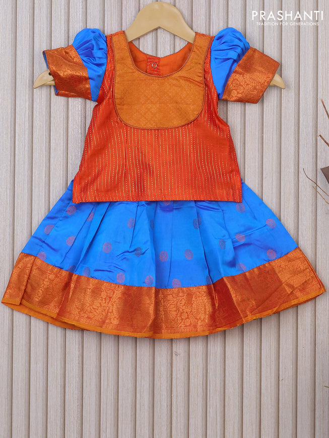 Silk kids lehenga orange and cs blue with allover zari weaves and zari buttas & zari border for 0-6 months