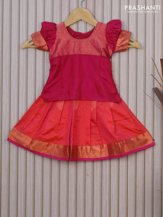 Silk kids lehenga pink and dual shade of pinkish orange with patch work neck pattern and self emboss & copper zari border for 0-6 months