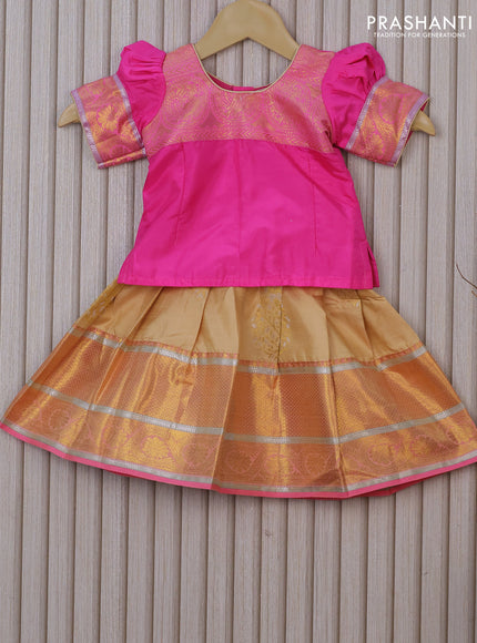 Silk kids lehenga candy pink and sandal with patch work neck pattern and zari buttas & zari border for 0-6 months