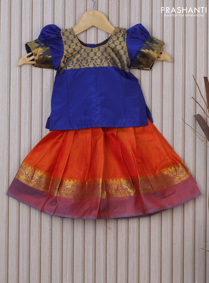 Silk kids lehenga blue and orange with patch work neck pattern and self emboss & zari border for 0-6 months