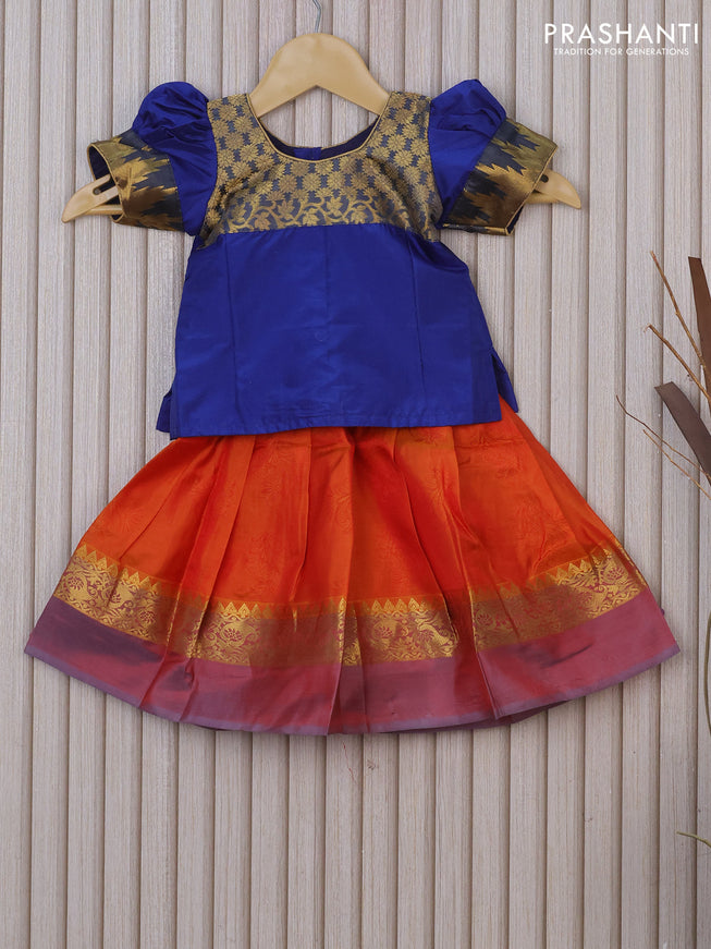 Silk kids lehenga blue and orange with patch work neck pattern and self emboss & zari border for 0-6 months