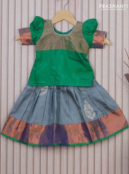 Silk kids lehenga green and grey with patch work neck pattern and zari woven border for 0-6 months