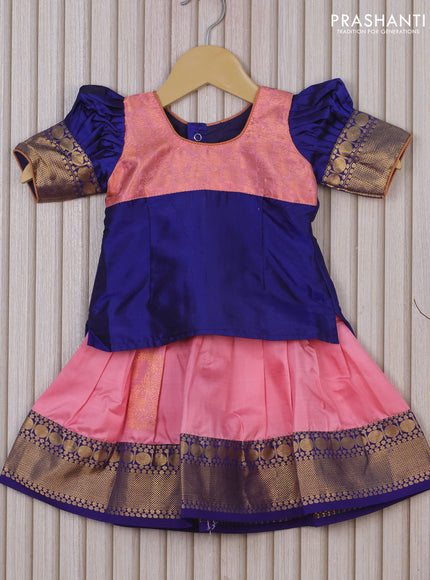 Silk kids lehenga blue and light pink with patch work neck pattern and zari woven border for 0-6 months