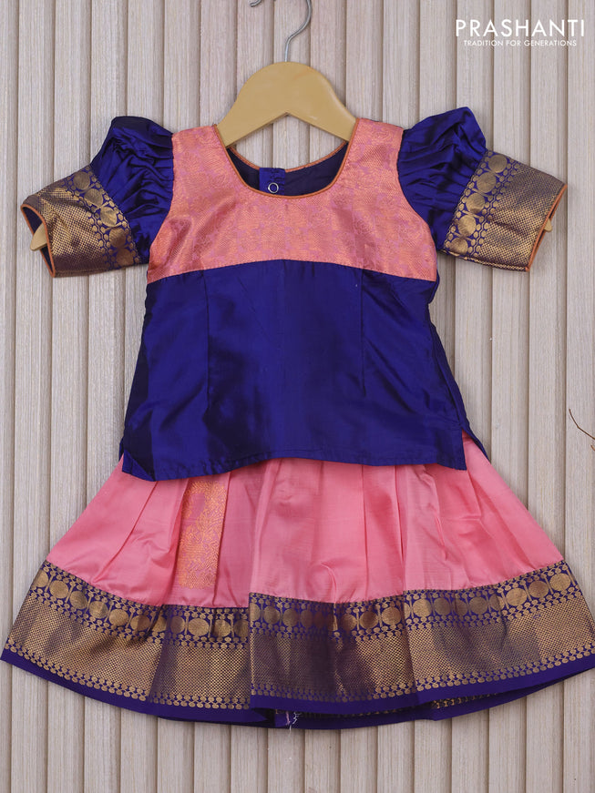 Silk kids lehenga blue and light pink with patch work neck pattern and zari woven border for 0-6 months