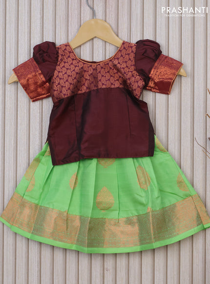 Silk kids lehenga brown and light green with patch work neck pattern and zari buttas & zari border for 0-6 months