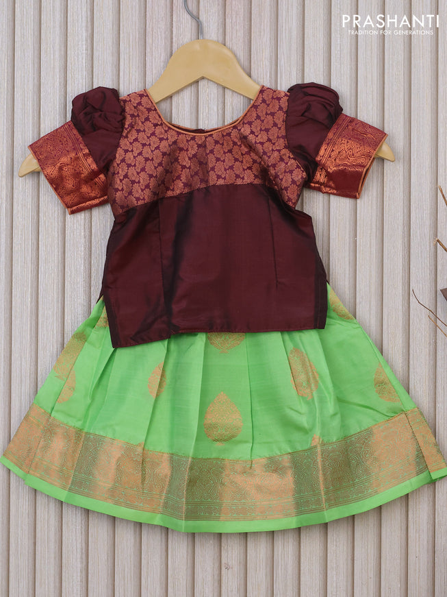 Silk kids lehenga brown and light green with patch work neck pattern and zari buttas & zari border for 0-6 months