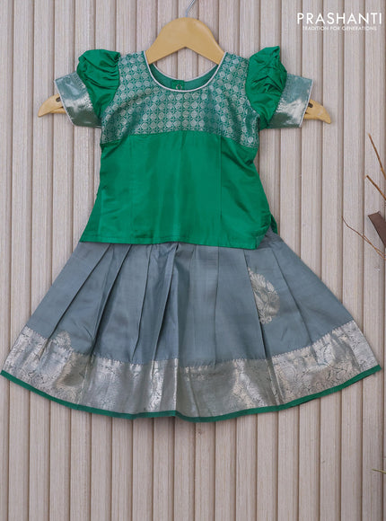 Silk kids lehenga green and grey with patch work neck pattern and silver zari woven border for 0-6 months