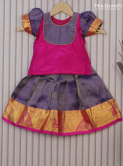 Silk kids lehenga pink and blue with patch work neck pattern and zari woven border for 1 year