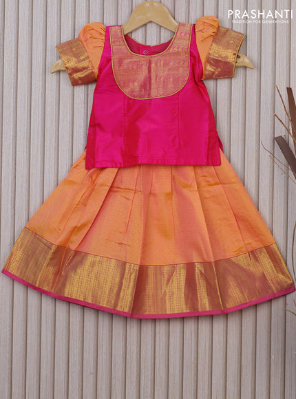 Silk kids lehenga pink and yellow with patch work neck pattern and self emboss & zari border for 1 year