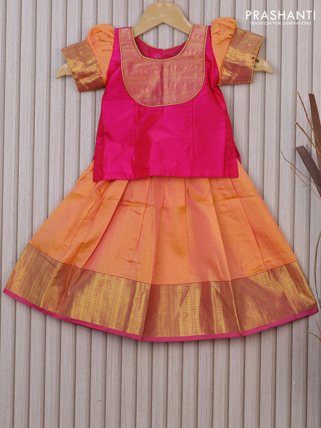 Silk kids lehenga pink and yellow with patch work neck pattern and self emboss & zari border for 1 year