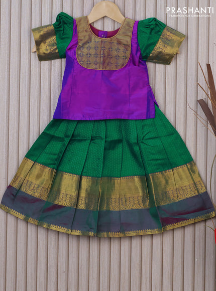 Silk kids lehenga purple and green with patch work neck pattern and self emboss & rettapet zari border for 1 year