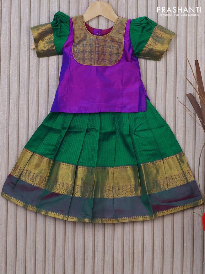 Silk kids lehenga purple and green with patch work neck pattern and self emboss & rettapet zari border for 1 year