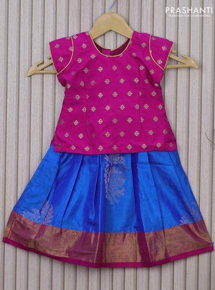 Silk kids lehenga pink and cs blue with zari woven floral buttas and zari woven border for 1 year