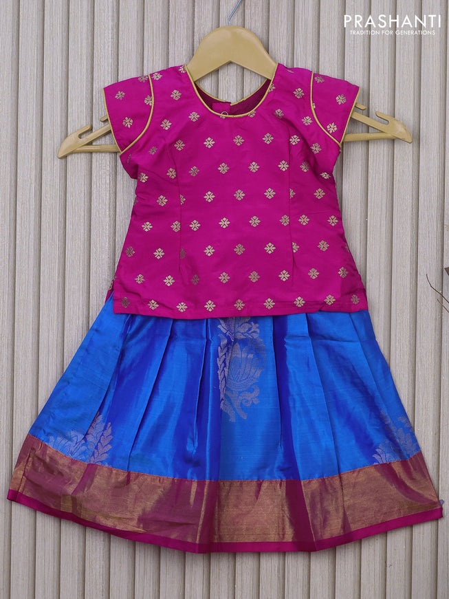 Silk kids lehenga pink and cs blue with zari woven floral buttas and zari woven border for 1 year