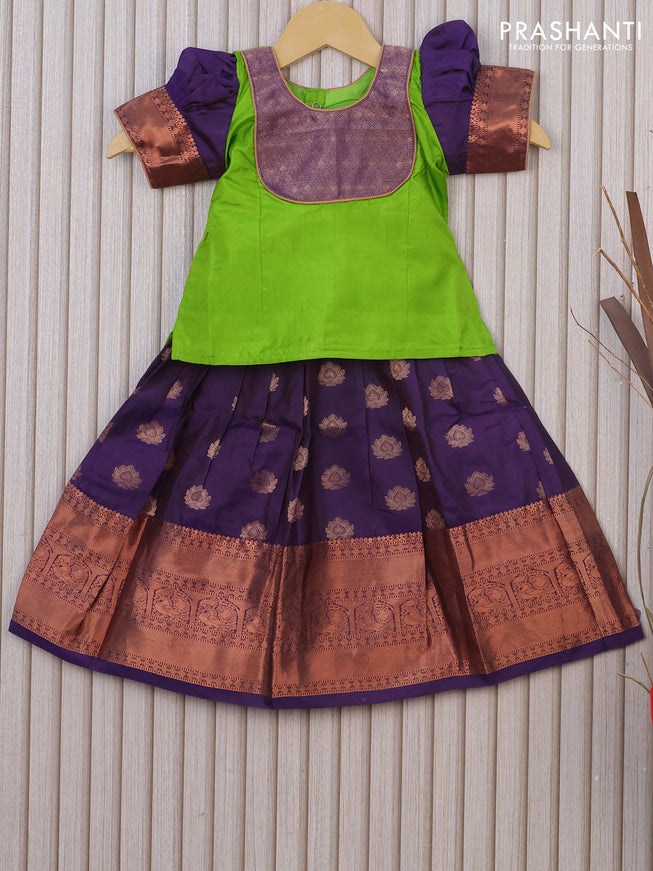 Silk kids lehenga lime green and blue with patch work neck pattern and copper zari woven border for 1 year