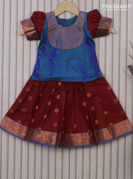 Silk kids lehenga dual shade of blue and rust shade with patch work neck pattern and copper zari woven border for 1 year