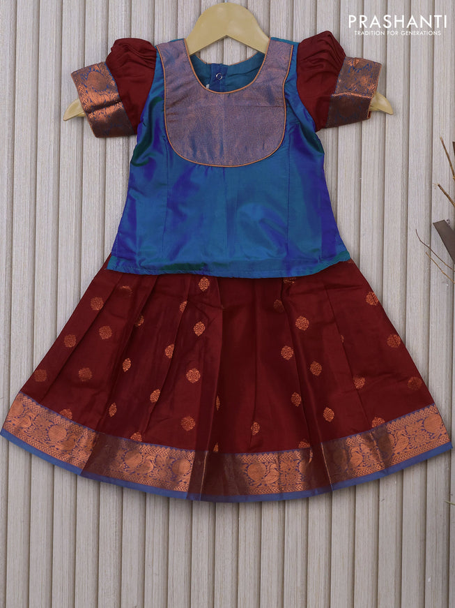 Silk kids lehenga dual shade of blue and rust shade with patch work neck pattern and copper zari woven border for 1 year