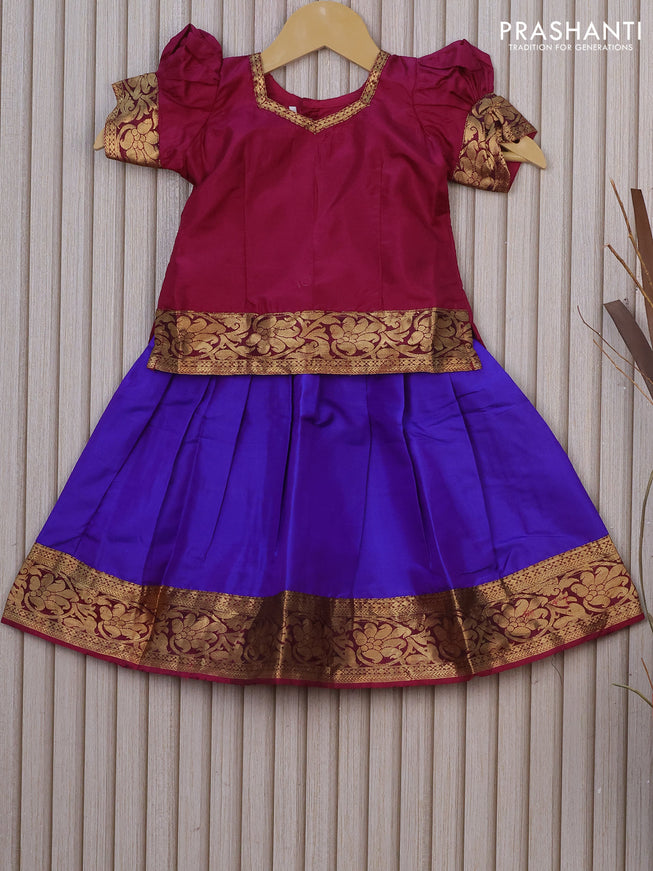 Silk kids lehenga dark magenta pink and blue with zari line neck pattern and zari woven border for 1 year