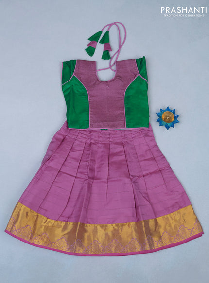 Silk kids lehenga teal green and lavender shade with patch work neck pattern and zari woven border for 1 year