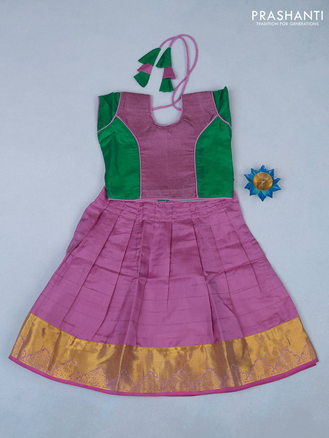 Silk kids lehenga teal green and lavender shade with patch work neck pattern and zari woven border for 1 year