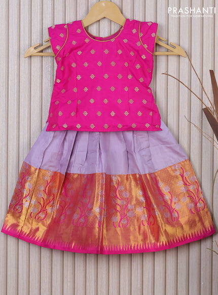 Silk kids lehenga pink and grey with zari woven floral buttas and long zari woven border for 1 year