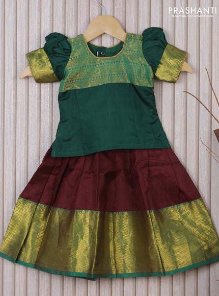 Silk kids lehenga green and brown with patch work neck pattern and self emboss & zari border for 1 year