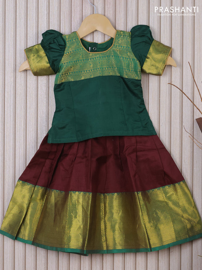 Silk kids lehenga green and brown with patch work neck pattern and self emboss & zari border for 1 year