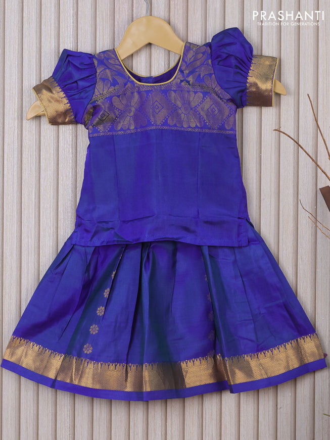 Silk kids lehenga blue with patch work neck pattern and zari woven border for 1 year