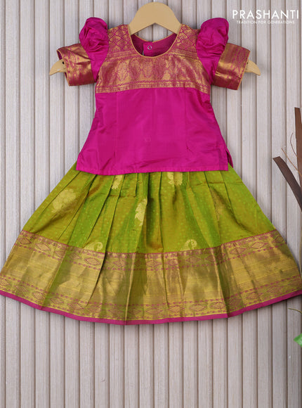 Silk kids lehenga magenta pink and dual shade of lime green with patch work neck pattern and allover self emboss & zari woven border for 1 year