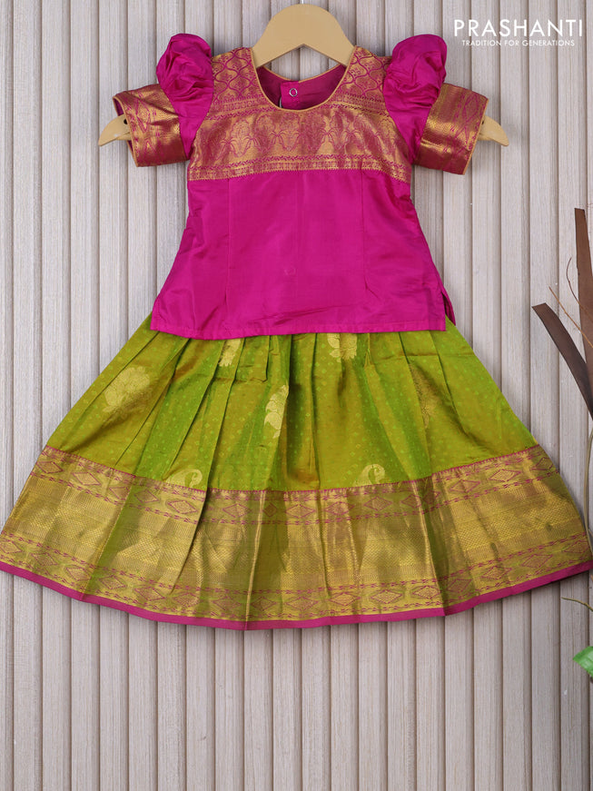 Silk kids lehenga magenta pink and dual shade of lime green with patch work neck pattern and allover self emboss & zari woven border for 1 year