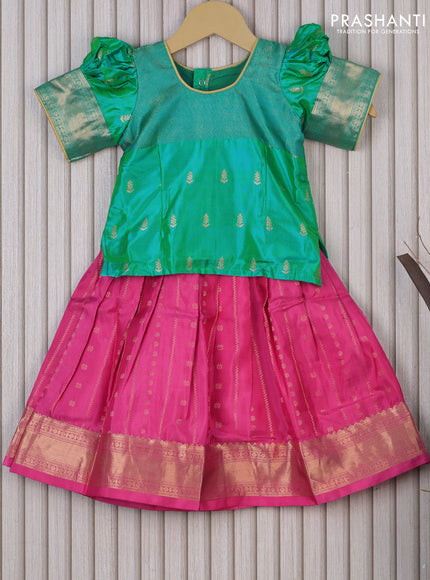 Silk kids lehenga dual shade of teal bluish green and pink with patch work neck & zari buttas and allover zari weaves & zari woven border for 1 year