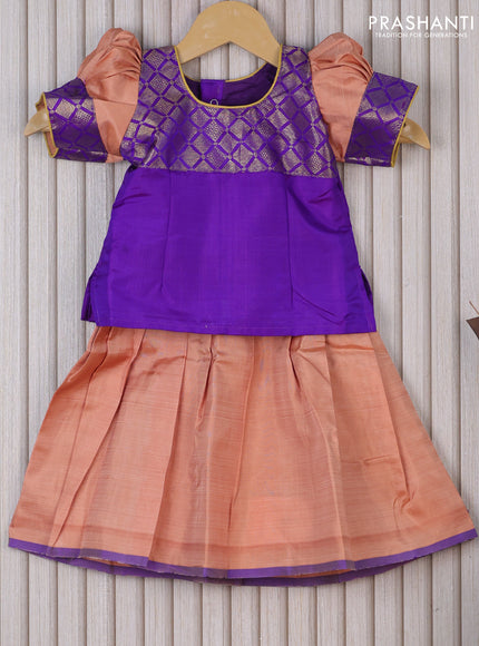 Silk kids lehenga violet and pastel peach shade with patch work neck pattern and piping border for 1 year