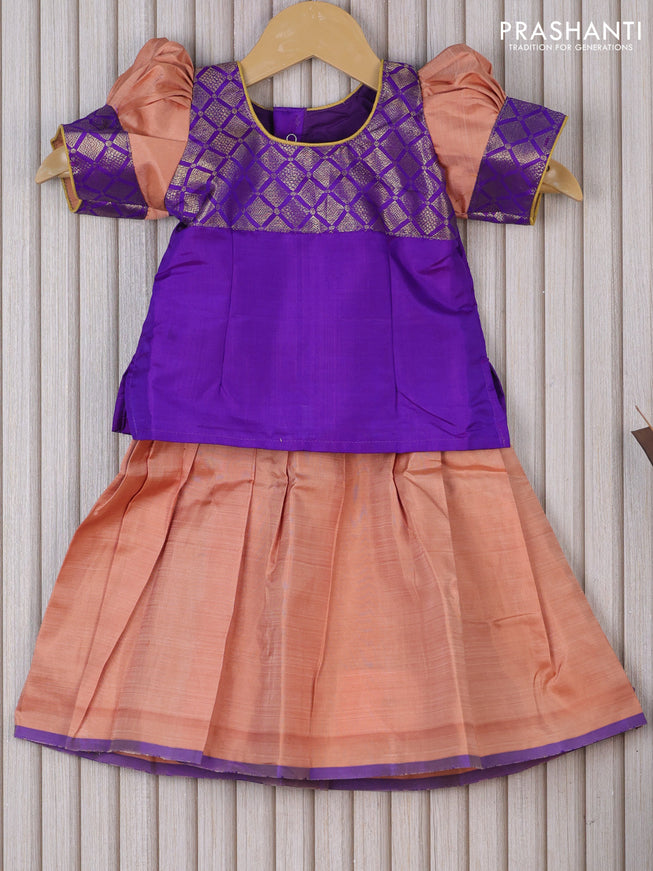 Silk kids lehenga violet and pastel peach shade with patch work neck pattern and piping border for 1 year